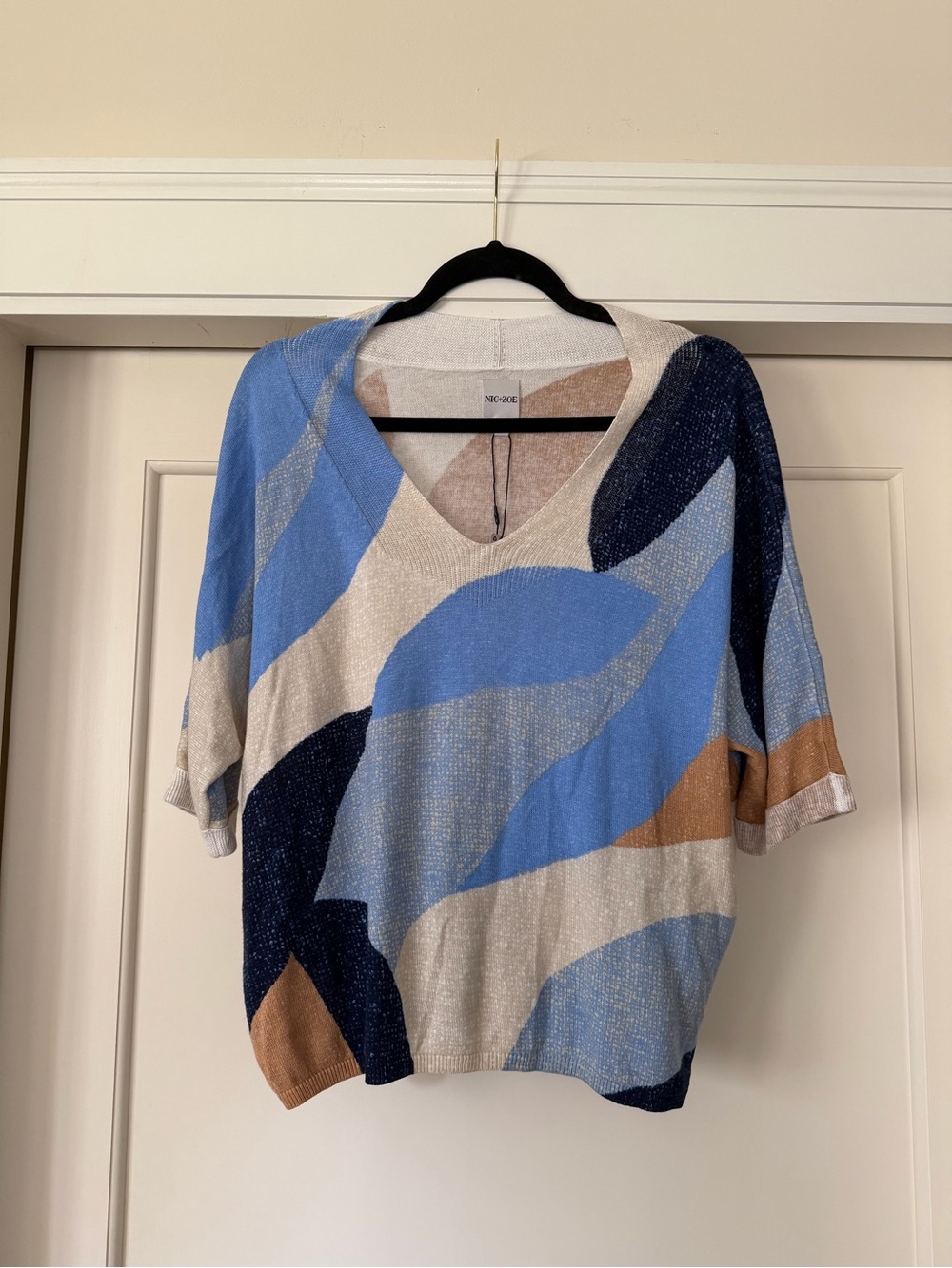 NIC+ZOE NWT Abstract Colorblock Dolman Sleeve Pullover Sweater Blue Cream M